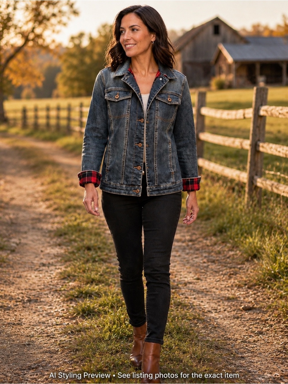 NoParasuco Denim Trucker Jacket Red Buffalo Plaid Flannel Lined Barn Jacket
